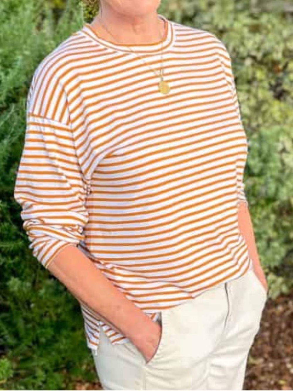 AYR Women’s Pima Cotton The French Fry Stripe Longsleeve Tee in Orange White M